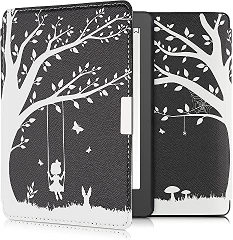 kwmobile Klapphülle kompatibel mit Kobo Aura Edition 2 Hülle - eReader Case - Mädchen Baumschaukel Weiß Schwarz