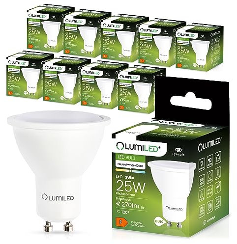 Lumiled GU10 LED, 3W 270 Lumen Leuchtmittel, 4000K neutralweiß Birne Lampe Strahler Spot, ersetzt 25W Halogenlampen, 120° Grad Strahlwinkel Reflektorlampen Reflektor 10 Stück Energiesparlampen
