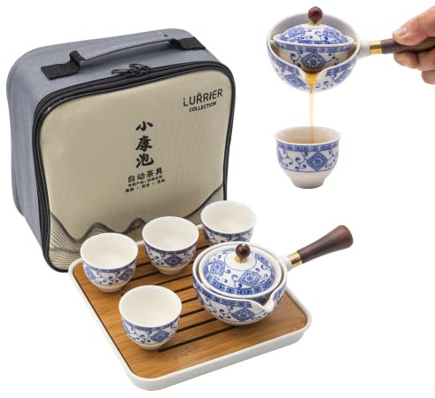 LURRIER Porcelain Chinese Gongfu Tea Set,Portable Teapot Set with 360 Rotation Tea Maker and Infuser,Portable All in One Gift Bag for Travel,Home,Gifting,Outdoor and Office (Floral White)