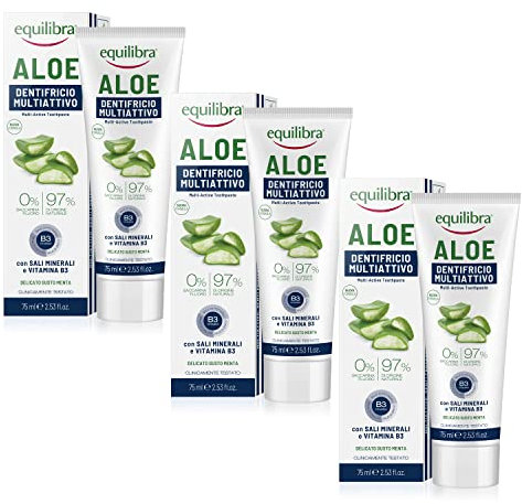 Equilibra Cuidado Bucal, Gel Dentífrico de Triple Acción de Aloe Vera, Acción Calmante y Antiséptica, Protege Contra las Caries, el Sarro y las Enfermedades de las Encías, 3 Piezas de 75 ml