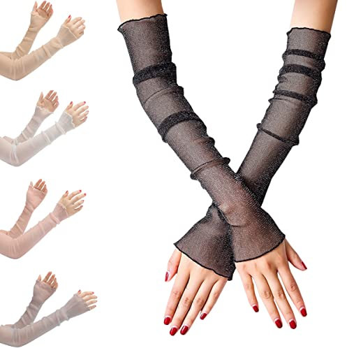 Armstulpen für Damen, lange ultradünne Spitzenhandschuhe, UV-Sonnenschutz, 5 Paar, Kompressions-Kühlmanschette, Netz-Arme, Beine, Ärmel, fingerlos, Tüll, Sonnenschutz, Golfen, Outdoor-Sport