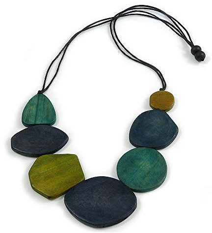 Teal/Olive/Blue Geometric Wood Bead Black Cotton Cord Necklace/80cm Long/Adjustable