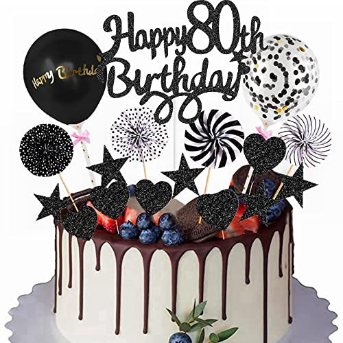Yunchu Online Happy 80. Geburtstag Tortendeko Schwarz - Kuchen Topper für Mann und Frau - Kuchendeko 80 Jahre - Cupcake Toppers