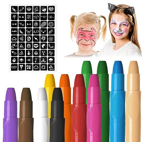 Clundoo Pinturas para La Cara, 12 Colores Crayones de Maquillaje con Pegatina, Pintacaras Infantil para Fiestas de Cumpleaños, Pascua, Carnaval y Halloween