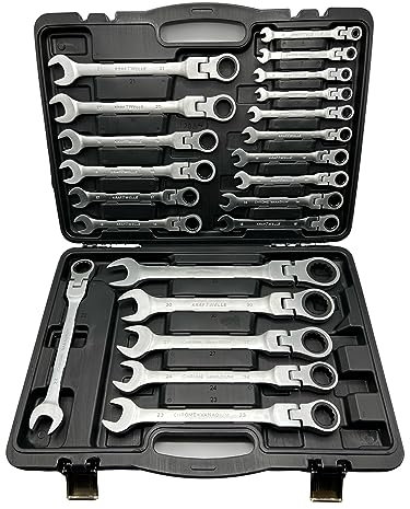Kraftwelle Gelenk Ratschenschlüssel Ring Maul Ratschen Schlüssel Satz 6mm - 32mm im Koffer Ringratschenschlüssel mit 72 Zähnen feinverzahnt- gefertigt aus Chrome Vanadium Stahl