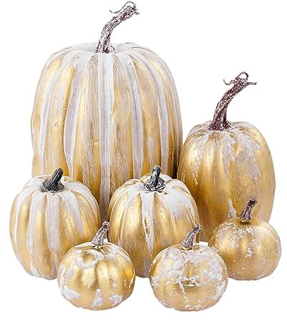 Fulenyi Kürbis Herbst Deko Dekoration Draußen, 7 Stück Groß Weißes Gold Kürbisse Zierkürbisse Herbstdeko Herbstdekorationen Halloween