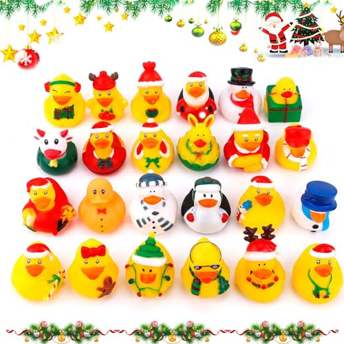 24 Stück Weihnachts Gummienten, Urlaubs Gummienten Bunte niedliche Gummienten Badespielzeug Weihnachts Entendekorationen für Weihnachten, Winter, Party, Gastgeschenke, Geburtstagszubehör