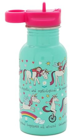 Tyrrell Katz Kids Unicorns Printed Drinking Bottle in Stainless Steel with Straw - Dishwasher Safe Girls School Water Flask - 400 ml