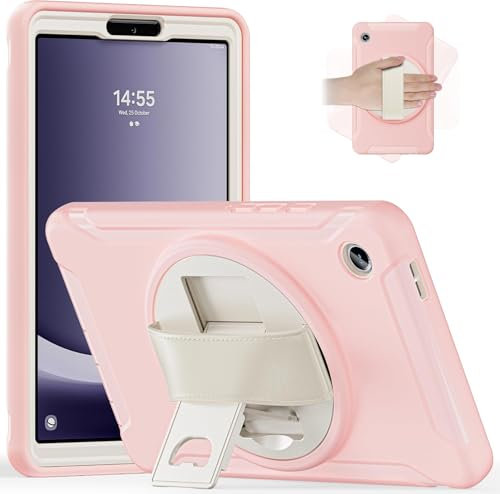 Junfire Case for Samsung Galaxy Tab A9 8.7 Inch 2023, Shockproof Rugged Protective Case with Screen Protector Rotating Kickstand Hand Strap for Samsung A9 Tablet Case SM-X110/X115/X117, Pink