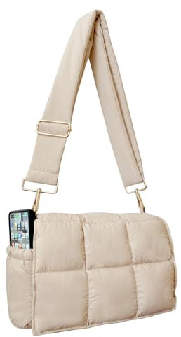 NAARIIAN Puffer Schultertasche Puffy Crossbody Geldbörse Baumwolle gepolstert gesteppt Handtasche Designer Dupes Damen Hobo Tote Bag, Beige S, Small