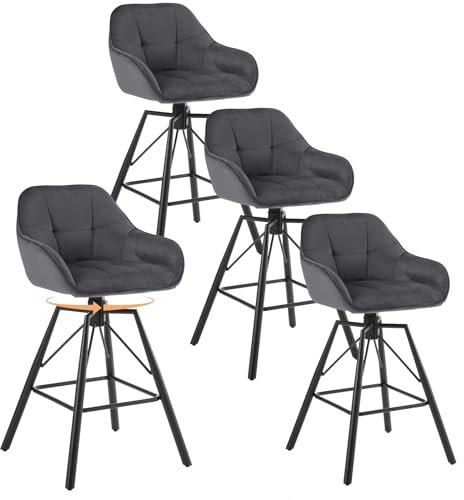WOLTU Barhocker 4 er Set, 360°drehbar Barstuhl Bistrohocker mit Rückenlehne Tresenhocker mit Lehne Fußstütze 4 Beinen, drehbar, gepolstert, Samt Metall, Dunkelgrau, BH397dgr-4