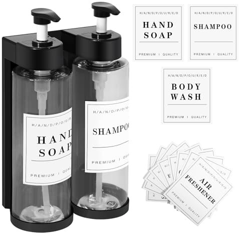 Distributeur Savon Mural, Distributeur Savon Salle de Bain avec étiquettes, 600ML Distributeur Shampoing et Gel Douche, Rechargeable Distributeurs Savons Liquide pour Bains, Cuisine, Hôtel, Toilettes