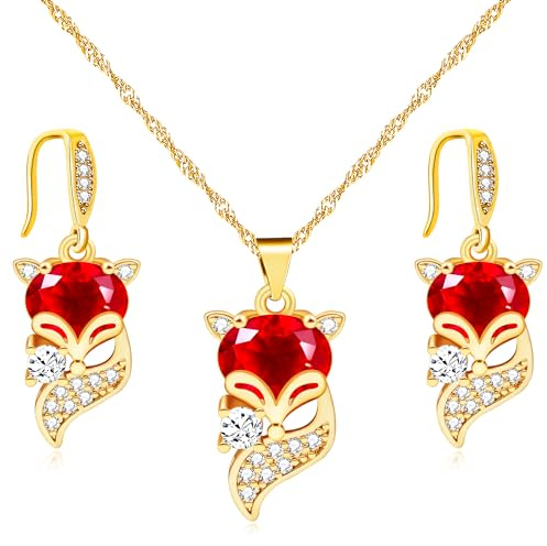 Uloveido Süßes Goldherz / Goldfisch / Fuchs Halskette und baumelnde Ohrringe Set mit funkelnden Zirkonia, schöner Partyschmuck für Sie