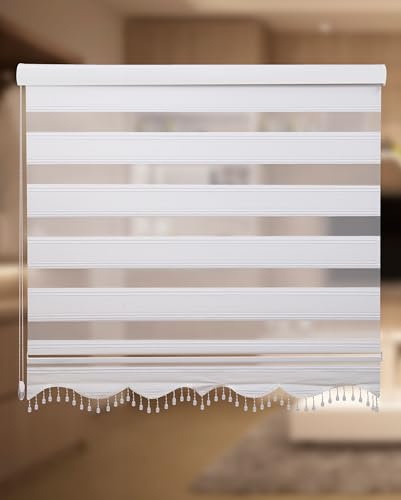 PlisseeOnline Double Roller Blind with Aluminium Cassette and Vine Pattern and Beads Width: 220 cm Height: 200 cm Opaque Ceiling Mounting Free-Hanging Ceiling Mounting with Clips Roman Blind Cassette