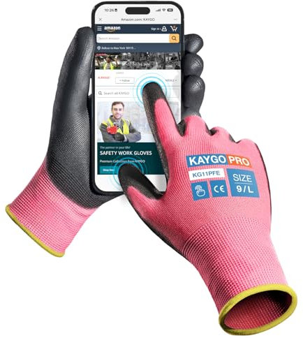 KAYGO 12 Paar Arbeitshandschuhe Touchscreen PU beschichtet Schutzhandschuhe, antirutsch Griff an Handflächen und Fingern, Geeignet für DIY allgemeine Arbeit Gartenarbeit (Rosa, L, Gr 9)