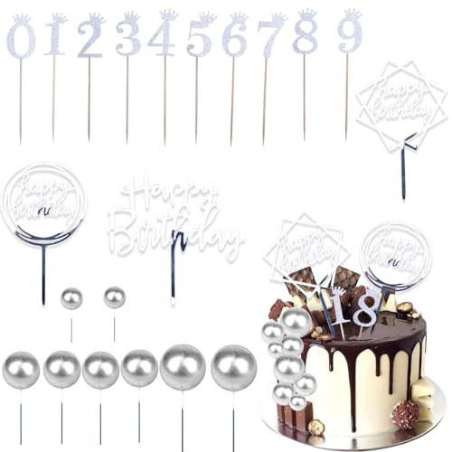 ALEGRE Kugeln Tortendeko Geburtstag,21 Stück Happy Birthday Cake Topper Silber Kuchendeko,Silber Kugeln Tortenaufleger Geburtstag Zahlen Deko für Torte,Kuchen Deko für Geburtstag Hochzeit