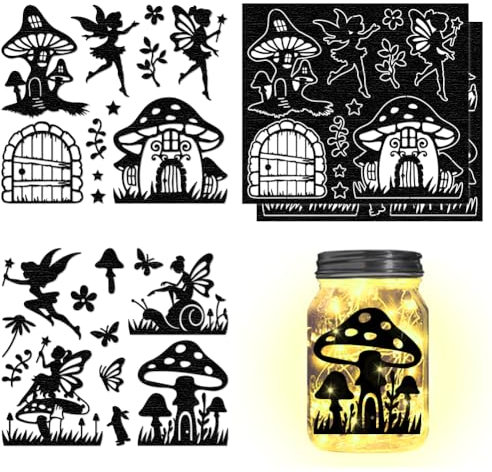 CHGCRAFT 4 x Feen-Silhouetten, Laserausschnitte, Aufkleber, Pilz, Schmetterling, Kaninchen, Einmachglas, Ornamente, Feen-Ausschnitte, Scrapbook-Zubehör für Wandmalerei, Fenster, Glas, Dekoration, DIY