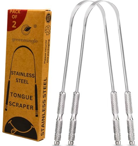 2Pcs Tongue Scraper for Adults by GreenMingle (2Pcs Oral Care Pack) Stainless Steel Tongue Cleaners Reduce Bad Breath 100% Metal Tough Scrapers Men and Women Hygiene Product