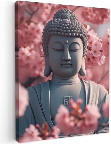 MuchoWow© Bilder 50x70 cm Wohnzimmer Deko Modern Wandbild Kunstdruck auf Leinwand Bild Schlafzimmer über Bett Room Decor Geschenke Buddha - Statue - Sakura - Kirschblüte