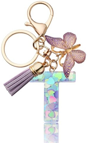 CHUQING Porte-clés avec lettre porte-clés fille initiale cadeau femmes porte-clés papillon, violet, Lila-T, S