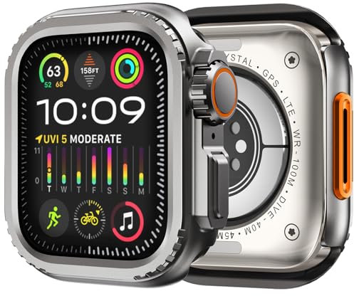 CHANCHY Carcasa de metal 3 en 1 Ultra Look para Apple Watch, protector frontal y trasero resistente + corona de reloj [convirtiéndose en actualización Ultra 2/1] iWatch Series 9, 8, 7, 45 mm, gris