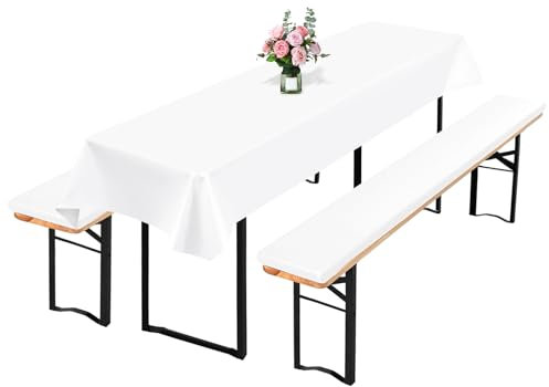 Lumaycens 2er-Pack Bierbankauflagen(gepolstert) und 1er-Pack Tischdecke Bierzeltgarnitur, 220 x 25 x 3cm XL Bierzeltgarnitur Auflage und 250 x 100cm Biertisch Tischdecke für Party(weiß, wasserdicht)
