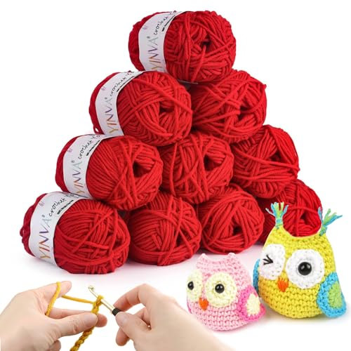 YINVA Häkelgarn 10 Farben x 25g Acryl Wolle Zum Häkeln Rot Wolle Zum Stricken Häkelwolle für Anfänger Crochet Yarn für Häkeln Stricken und Handwerk-Rot
