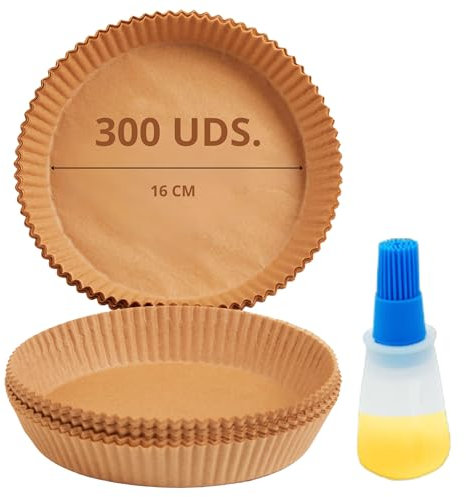Mypicompany. Papel Freidora Aire Redondo, 300 uds. de 16cm con Dosificador de Aceite de regalo. Papel para Freidora de Aire. Papel Air Fryer Cuadrado.