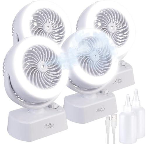 Sichler Haushaltsgeräte 3-stufiger Ventilator: 4er Set Akku-Tisch-Ventilator & Vernebler,Oszilation,LED-Ring,1.200mAh (Kfz, wiederaufladbarer, Timer)