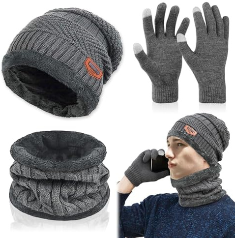 Casenly Mütze Schal Handschuhe Set, Winterhandschuhe Wintermütze Schlauchschal Winter Warm Beanie Mütze Schal Set Touchscreen Handschuhe Atmungsaktiv und Elastisch für Herren Damen