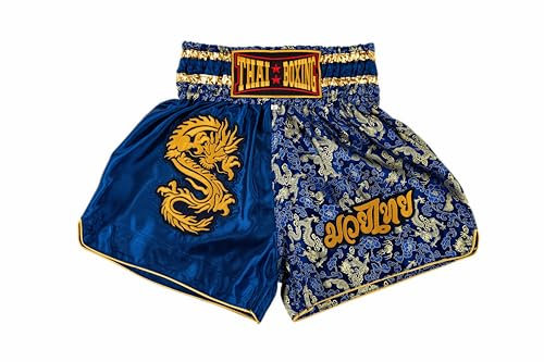 MUAY NATION Pantaloncini Muay Thai per Uomo e Donna, Pantaloncini da Boxe MMA dal Taglio Slim, Abbigliamento da Allenamento per Kickboxing (IT, Testo, L, Regular, Regular, Drago Blu)