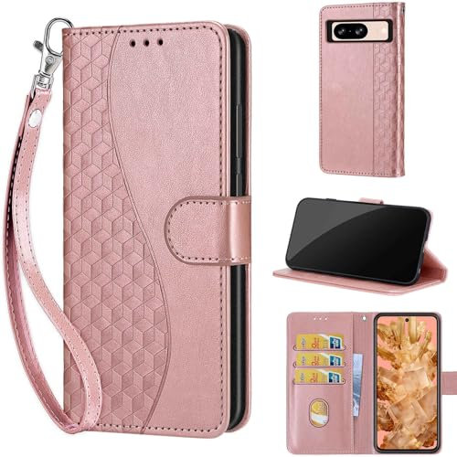 Phone Case for Google Pixel 8, with Card Slots Kickstand Magnetic Closure Leather Protective Cover Phone Case Compatible Google Pixel 8 Rose Gold
