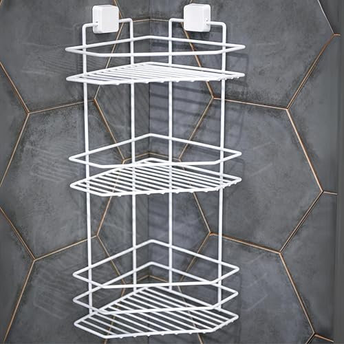 3FlexHome Rust Free Shower Corner Caddy Shelf No Drill Corner Shower Shelf, Adhesive Wall-Mounted Rustproof Bathroom Organiser Bathroom Storage Kitchen Rack (White, 3 Tiers)