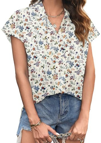 Zeagoo Ladies Blouse Short Sleeve Tops Casual Button Down Blouses Linen Cotton Shirt Basic Office Work Tops Floral White L
