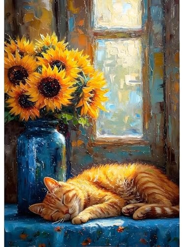 QINRUBB DIY Sonnenblumen Diamond Painting Erwachsene, 5D Blumen Diamant Painting Bilder Anfänger, Kitten Runder Vollbohrer Diamanten Malerei Stickerei Kreuzstich Geschenke Home Wand Dekor 30x40cm