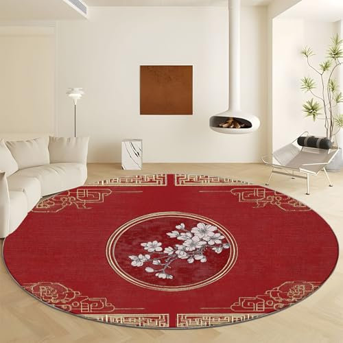 Tapis Ronds Lavables 60 cm, Fleurs de Prunier D'Élément Chinois Tapis Rond Antidérapant pour Salon, Style Chinois Tapis Rond à Poils Courts Doux pour sous Table à Manger