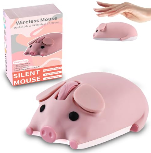 Wireless Mouse Dual Mode Bluetooth 5.1/2.4G USB Lovely Cute Animal Pig Shaped Mice 1200DPI Portable Cordless Mute Ergonomic Mouse for Laptop PC iPad Windows/iOS/Android Children Kids Gift (Pink)