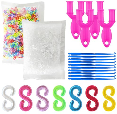 TRKETK 600 Pcs Colorful S Clips for Rubber Bands, S Clips Refills Kit Loom Band Hooks with 4 Y Loom & 10 Crochet Hook Connectors Refill Kit for Craft Making DIY Bracelet (300 White+300 Colourful)