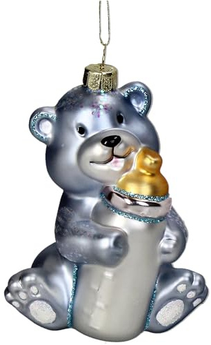 HD Collection Christbaumschmuck Glas 11,4cm - Teddy mit Babyflasche Aufhängen - Weihnachtsbaum Anhänger für Weihnachten - Christbaumanhänger & Weihnachtsbaumschmuck - Blau