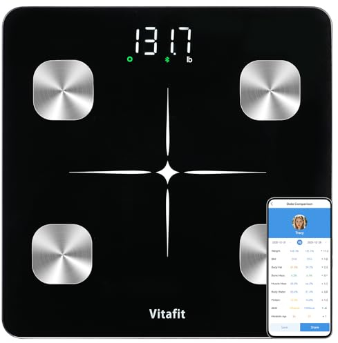 Vitafit Personenwaage Körperfettwaage mit APP 180kg, Hohe Genauigkeit Zugesichert bis Professionelle Fabrik SEIT 2001, Waage Personen mit Bluetooth, Körperwaage Körperanalysewaage,Schwarz