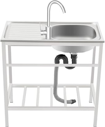 75 x 40 x 75 cm Fregadero independiente para exteriores fregadero de acero inoxidable de 1 lavabo de 35 x 31 x 13 cm,con grifo giratorio de 360°, estante de almacenamiento, tubo de drenaje