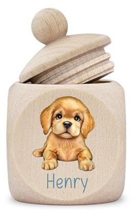 Hund Dose Mädchen Junge Holz Schraubverschluss personalisiert Druck Name | Holzdose, für Hundefreunde, Golden Retriever, Welpe