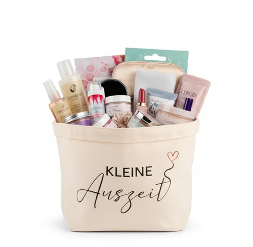 Kleine Auszeit Korb Geschenktüte Stoff, 12 oz Canvas Tragetasche, Leerer Geschenkkorb Frauen zum Verpacken, Wellness Geschenke für Frauen, Kleine Auszeit Geschenk, 30x23,5x11,5 cm