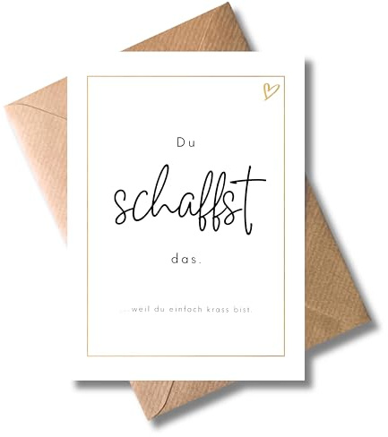 WBdesignz Aufmunterungskarte „Du schaffst das.“ mit Umschlag - süße Motivationkarte mit goldenem Rahmen- und Herz-Detail - perfekt für Geburtstag, Abschied, Neuanfang oder als Dankeschön (DIN A6)