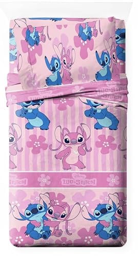 Disney Juego de Sábanas Infantil 3 Piezas Licencia Oficial Marvel (Encimera+Bajera+Almohada) 52% Algodón 48% Poliéster – Cama 90/105 (Stitch Rosa, Cama 90cm)