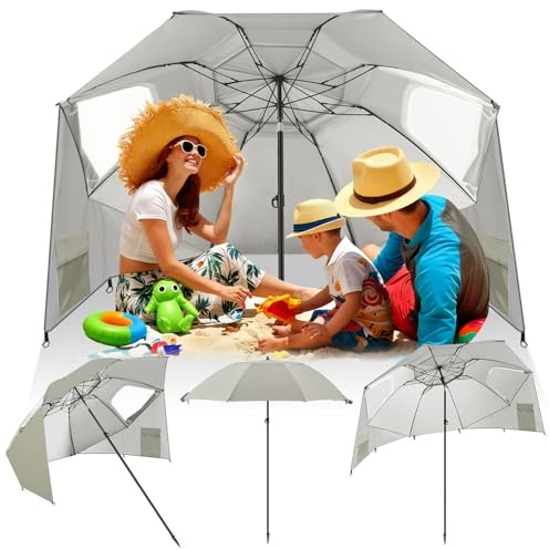 Fiqops Sombrilla de playa 2 en 1 para playa jardín, protección solar UV50+ para 2-4 personas, plegable, multifuncional, con ventana y bolsa de transporte, diámetro 210 x 220 cm, Caqui Con Cabeza
