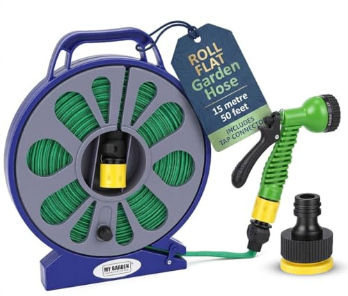 My Garden Hose Pipe 15m/50ft – Flat Hose Pipe on Reel with 7 Functions Spray Nozzle, Stand & Handle – Garden Hose Reel with 3/4,1/2 Tap Adaptor – Compact Water Hose for Gardening, Patio Cleaning