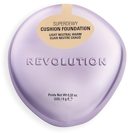 Revolution Superdewy Cushion Foundation, Hell Neutral Warm | Aufbaubare Deckkraft, Feuchtigkeitsspendend für Reife Haut, Strahlendes Finish mit Peptiden, Vegan & Tierversuchsfrei, 9g