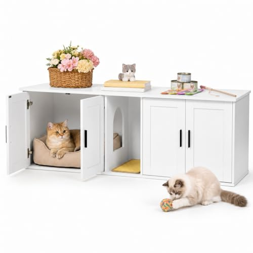 ZZINOKE Katzenklo Schrank für 2 Katzen, 145 cm breit Katzenschrank, Doppeltüren, Katzentoilette Schrank mit Katzenstreumatte, Katzenklo Versteckt für Wohnzimmer und Flur, Weiß, 145 x 49 x 51 cm