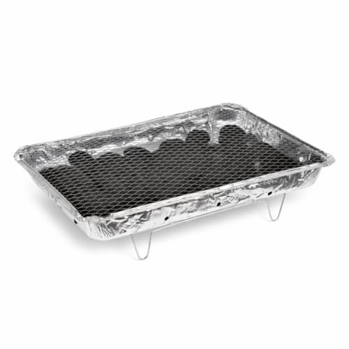 Barbecue monouso XXL, 48 x 31 cm, con bricchette e supporto, BBQ monouso, barbecue da tavolo per campeggio o picnic, barbecue a carbonella, colore argento